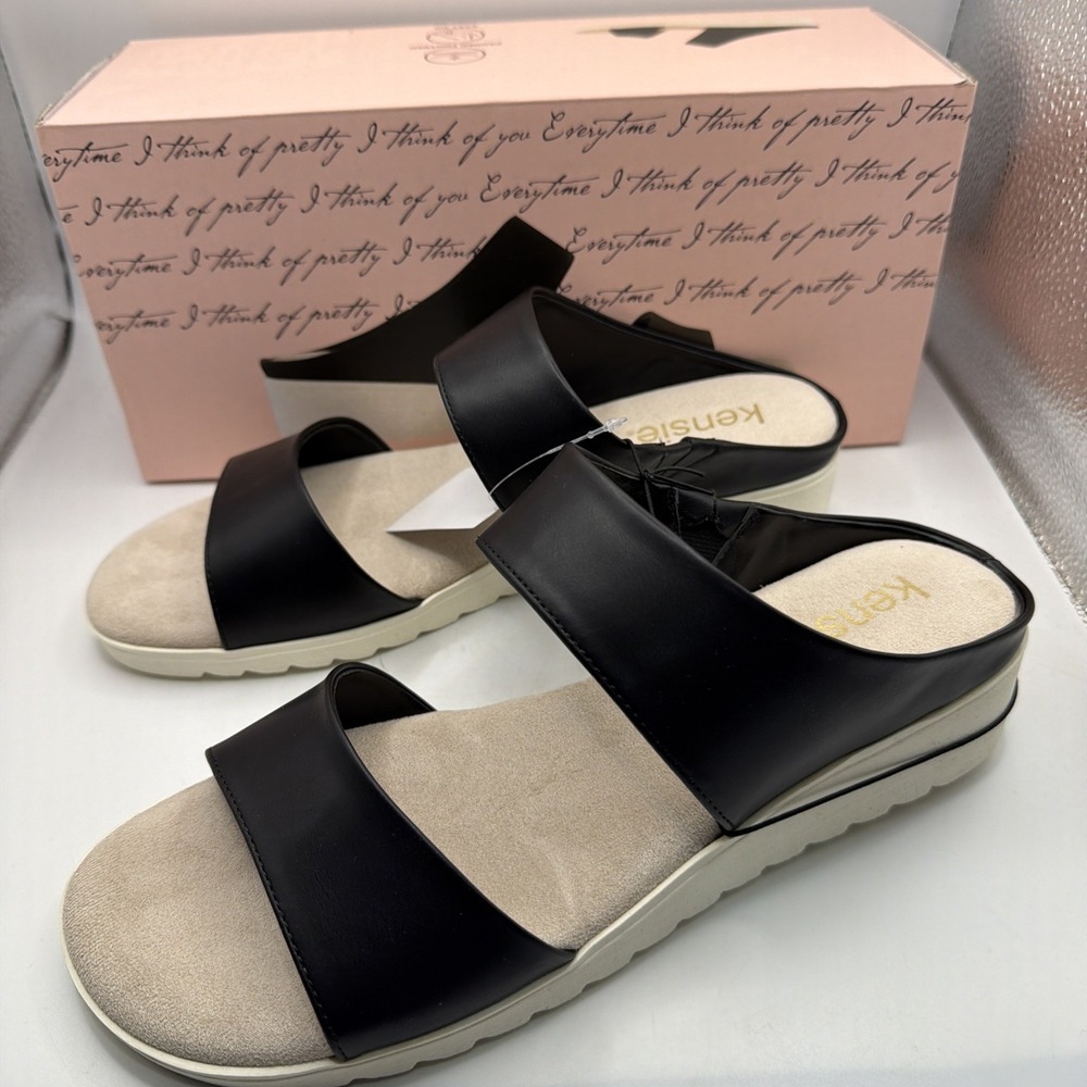 Kensie Womens Endy Comfort Slide Sandals Black White Size 8. New